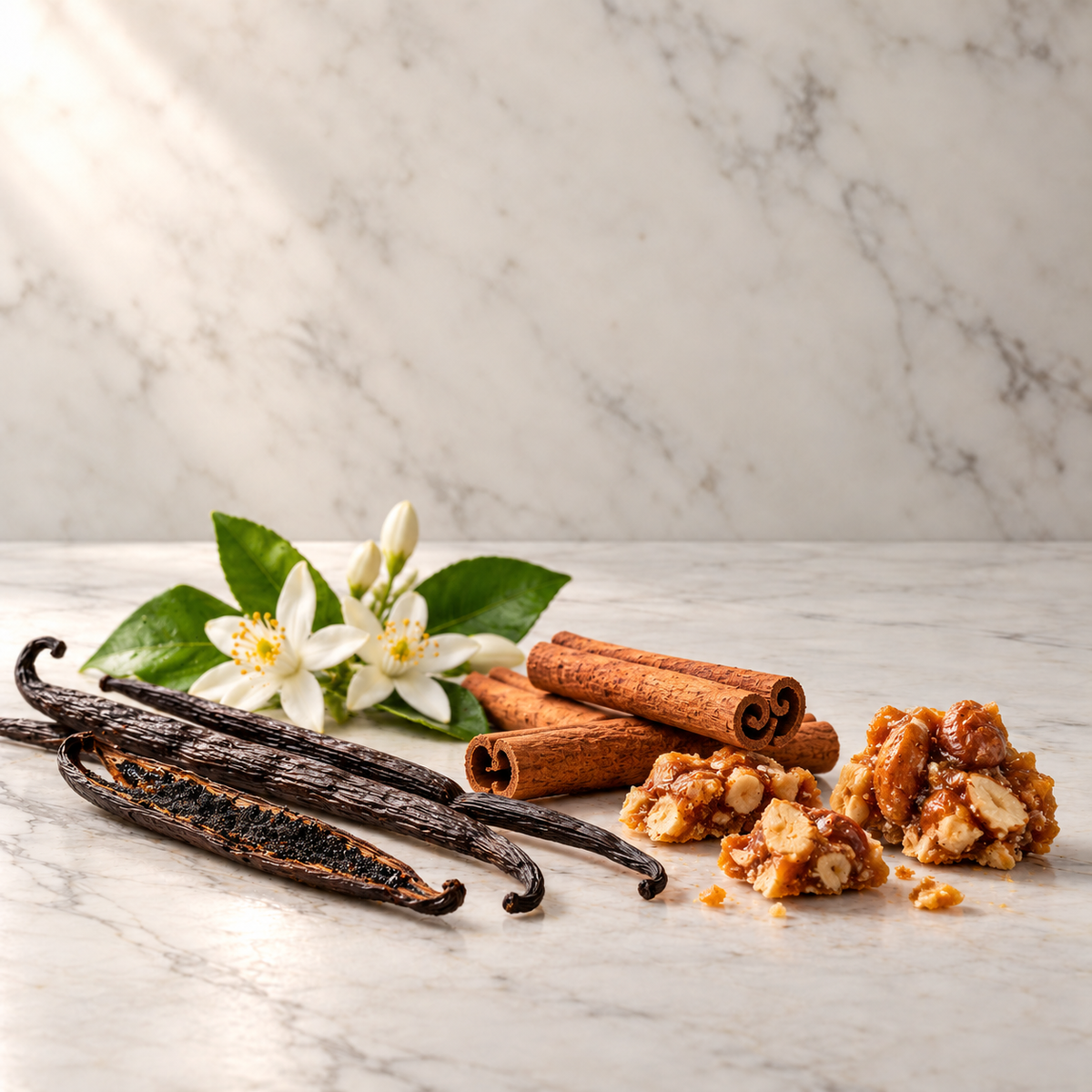 Duftnoten von Althaïr: Vanilleschoten, Orangenblüten, Zimt und Praline auf hellem Marmor