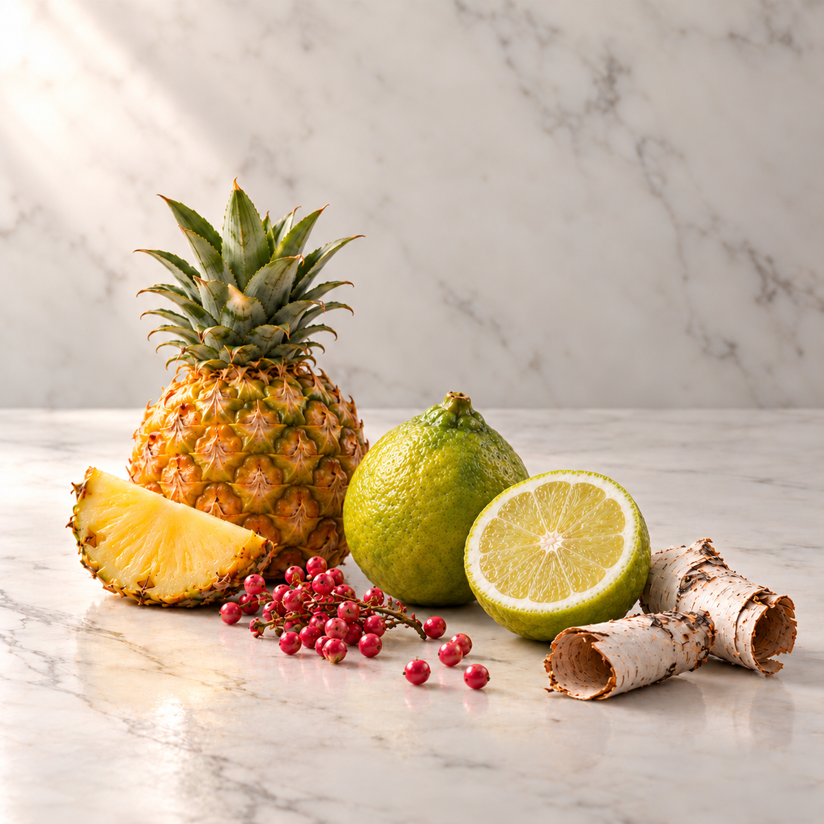 Duftnoten von Creed Aventus: Ananas, Bergamotte, Rosa Pfeffer und Birkenrinde auf hellem Marmor