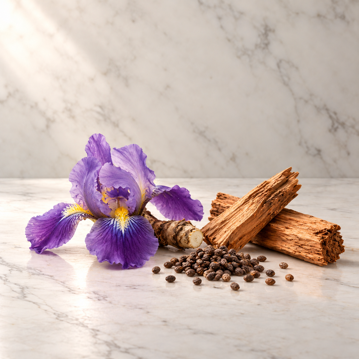 Ausgewählte Duftnoten von Dior Dior Homme Intense: violette Irisblüte mit Rhizom, Ambrette-Samen, Zedernholz auf hellem Marmor