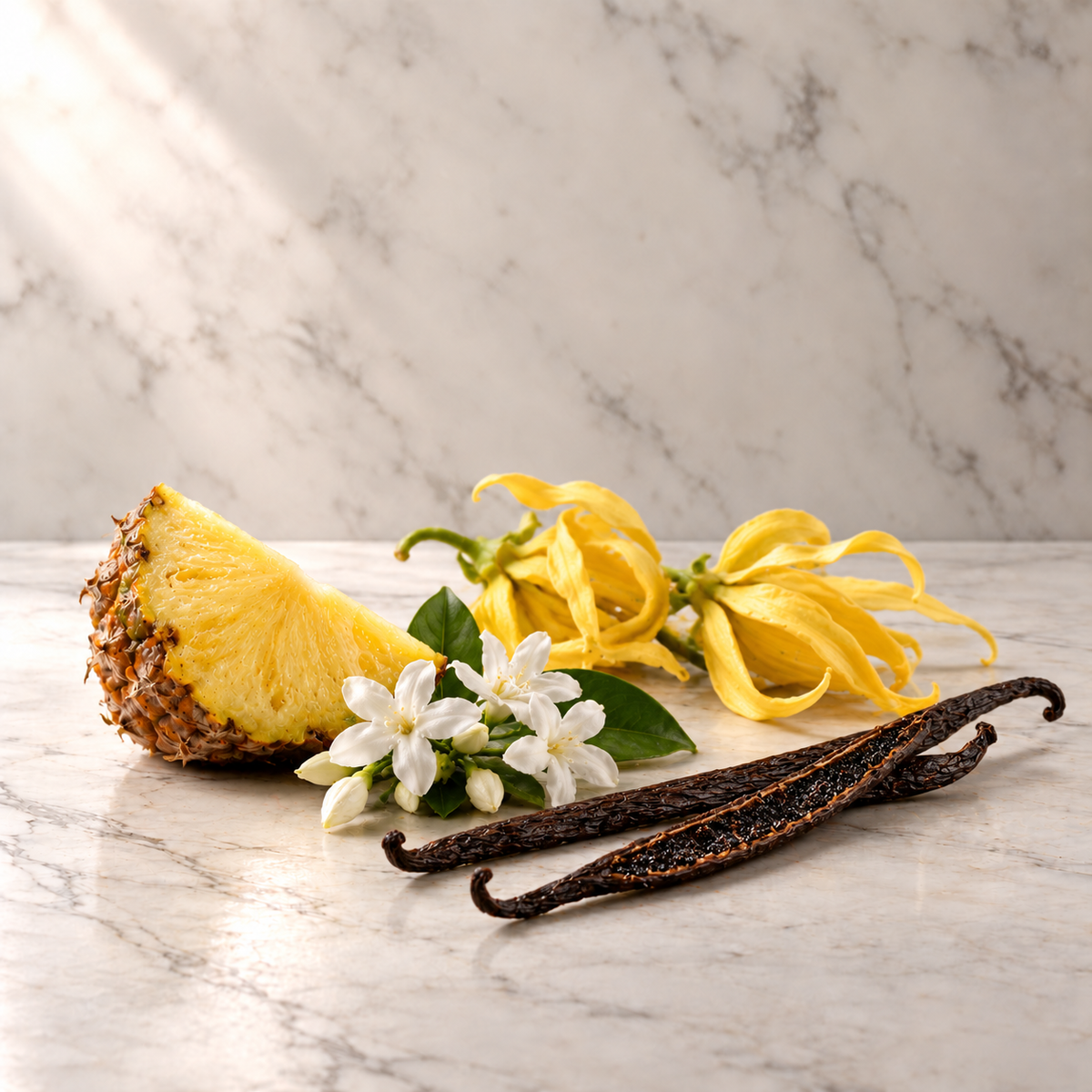 Ausgewählte Duftnoten von Fragrance du Bois Oud Jaune Intense Parfum: Ananas, Ylang-Ylang, Jasmin, Vanille auf hellem Marmor