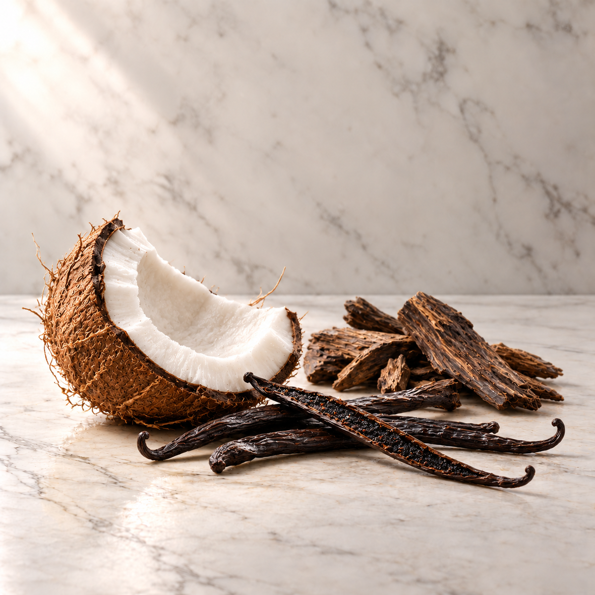 Ausgewählte Duftnoten von Fragrance du Bois Oud Orange Intense Parfum: Kokosnuss, Bourbon-Vanille, Oud auf hellem Marmor