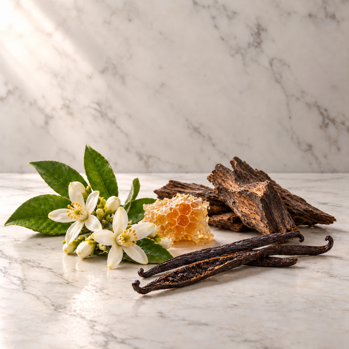 Ausgewählte Duftnoten von Fragrance du Bois Voyage à Paris Parfum: Orangenblüte, Honig, Oud, Vanille auf hellem Marmor