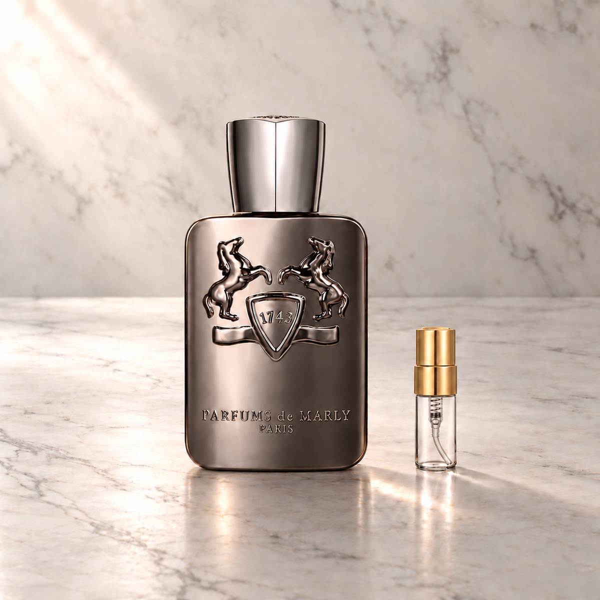Parfums de Marly Herod Eau de Parfum mit 3-ml-Glasprobe und Goldkappe auf hellem Marmor