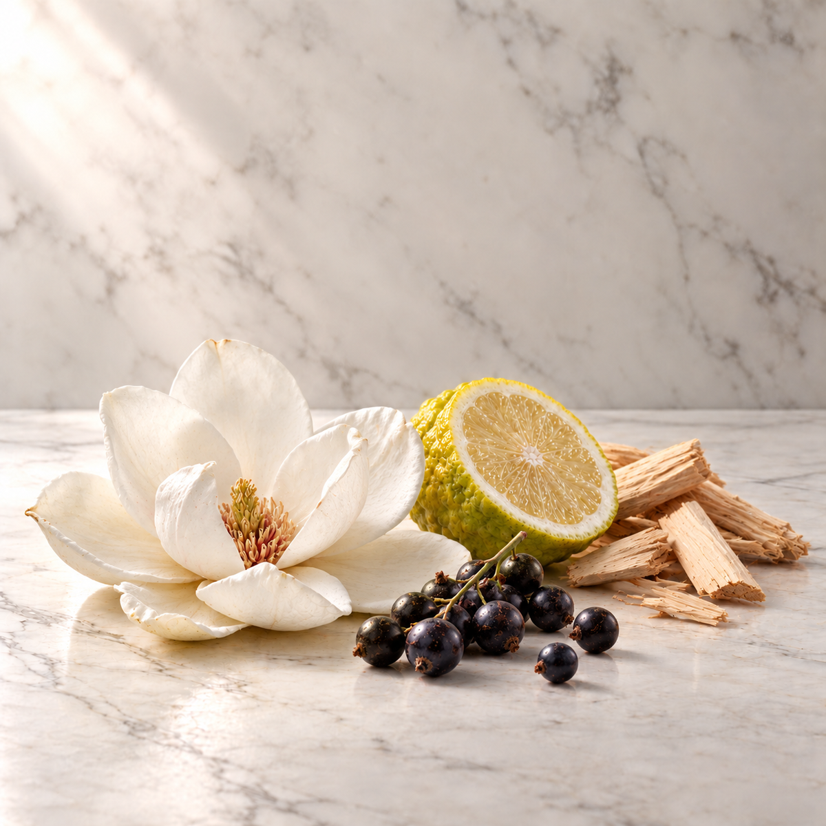 Ausgewählte Duftnoten von Initio Musk Therapy Extrait de Parfum: Weisse Magnolie, Schwarze Johannisbeere, Weisses Sandelholz, Bergamotte auf hellem Marmor