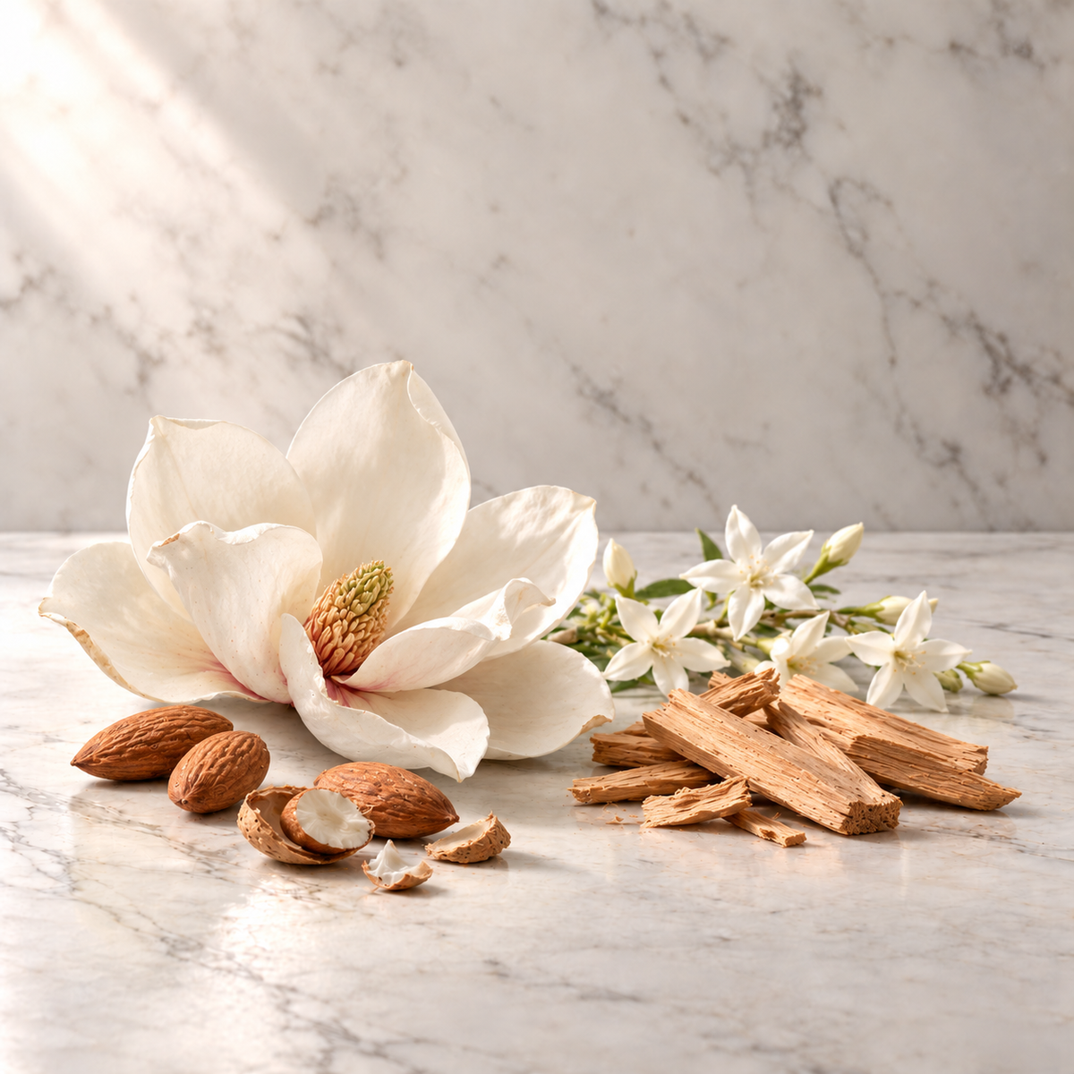 Ausgewählte Duftnoten von Initio High Frequency Eau de Parfum: Magnolie, Mandel, Jasmin, Sandelholz auf hellem Marmor