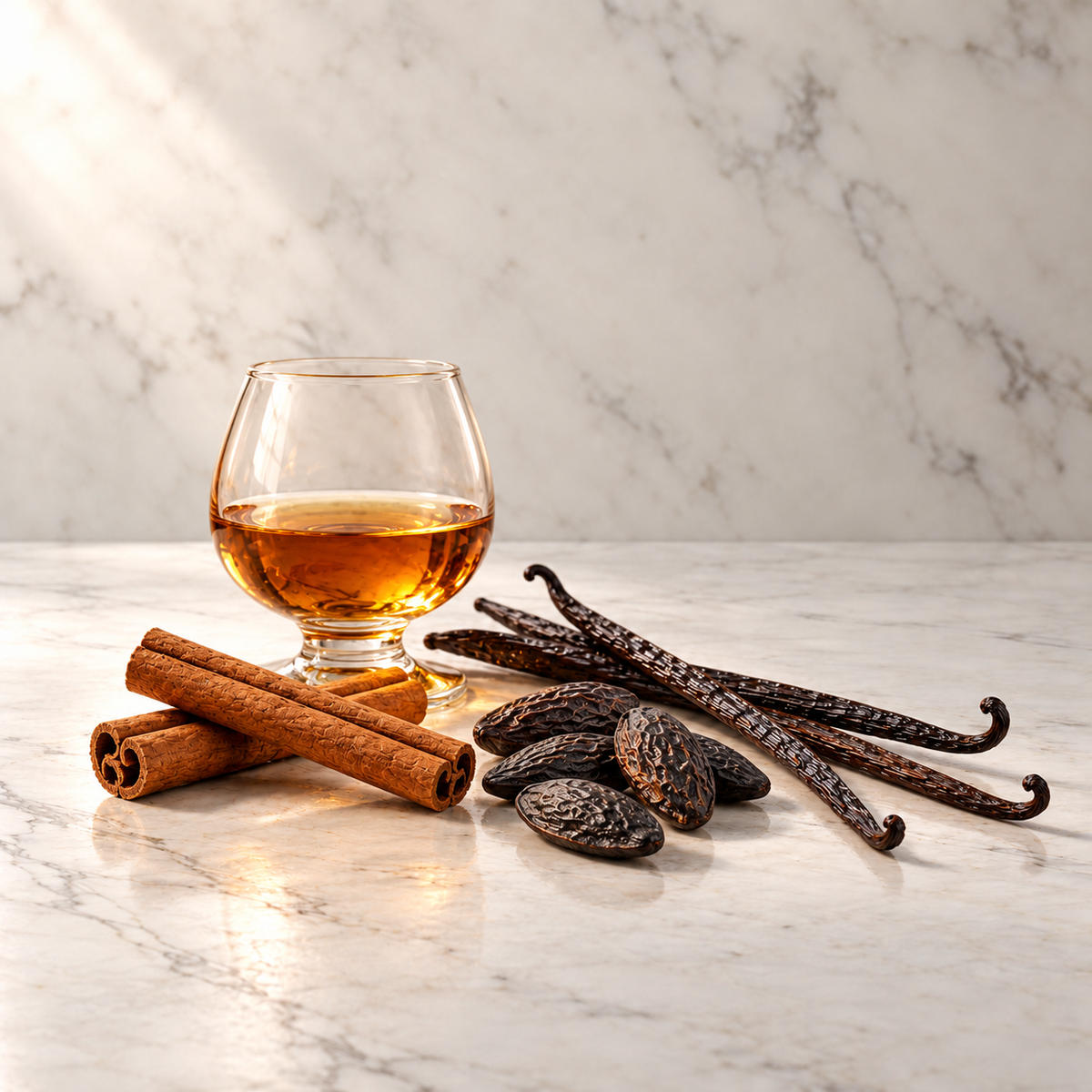 Ausgewählte Duftnoten von Kilian Paris Angels’ Share: Cognac im kleinen Glas, Zimtstangen, Tonkabohnen, Vanilleschoten auf hellem Marmor