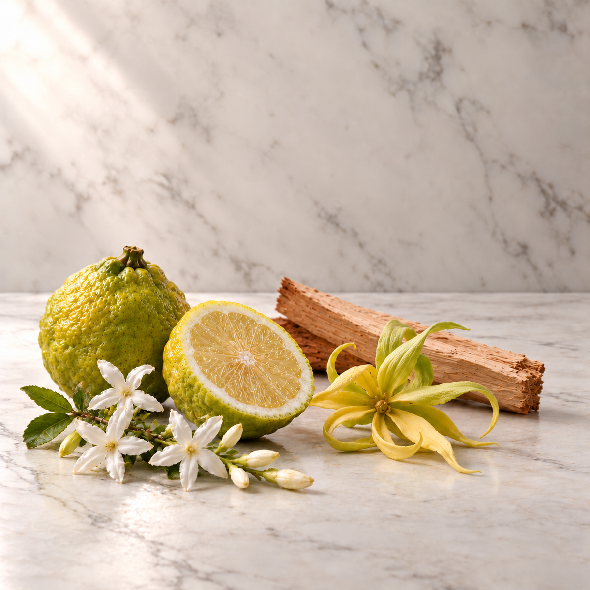 Ausgewählte Duftnoten von Moresque Regina di Fiori Eau de Parfum: Jasmin, Ylang-Ylang, Bergamotte, Sandelholz auf hellem Marmor