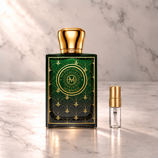 Moresque Scirocco Eau de Parfum mit 3-ml-Duftprobe aus Glas mit Goldkappe auf hellem Marmor