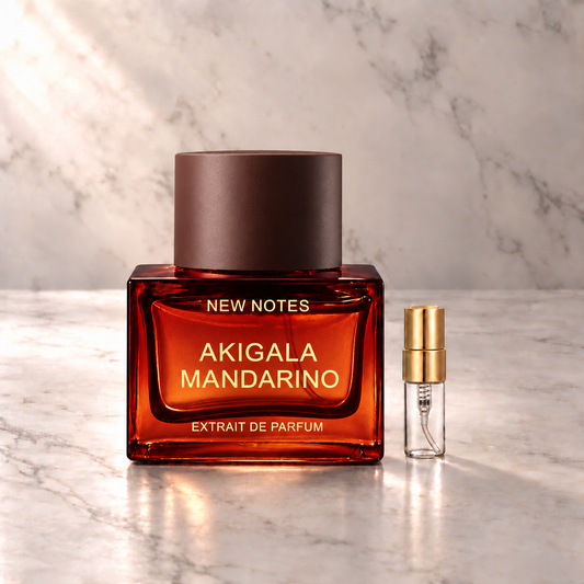 NEW NOTES Akigala Mandarino Extrait de Parfum mit 3-ml-Duftprobe aus Glas mit Goldkappe auf hellem Marmor