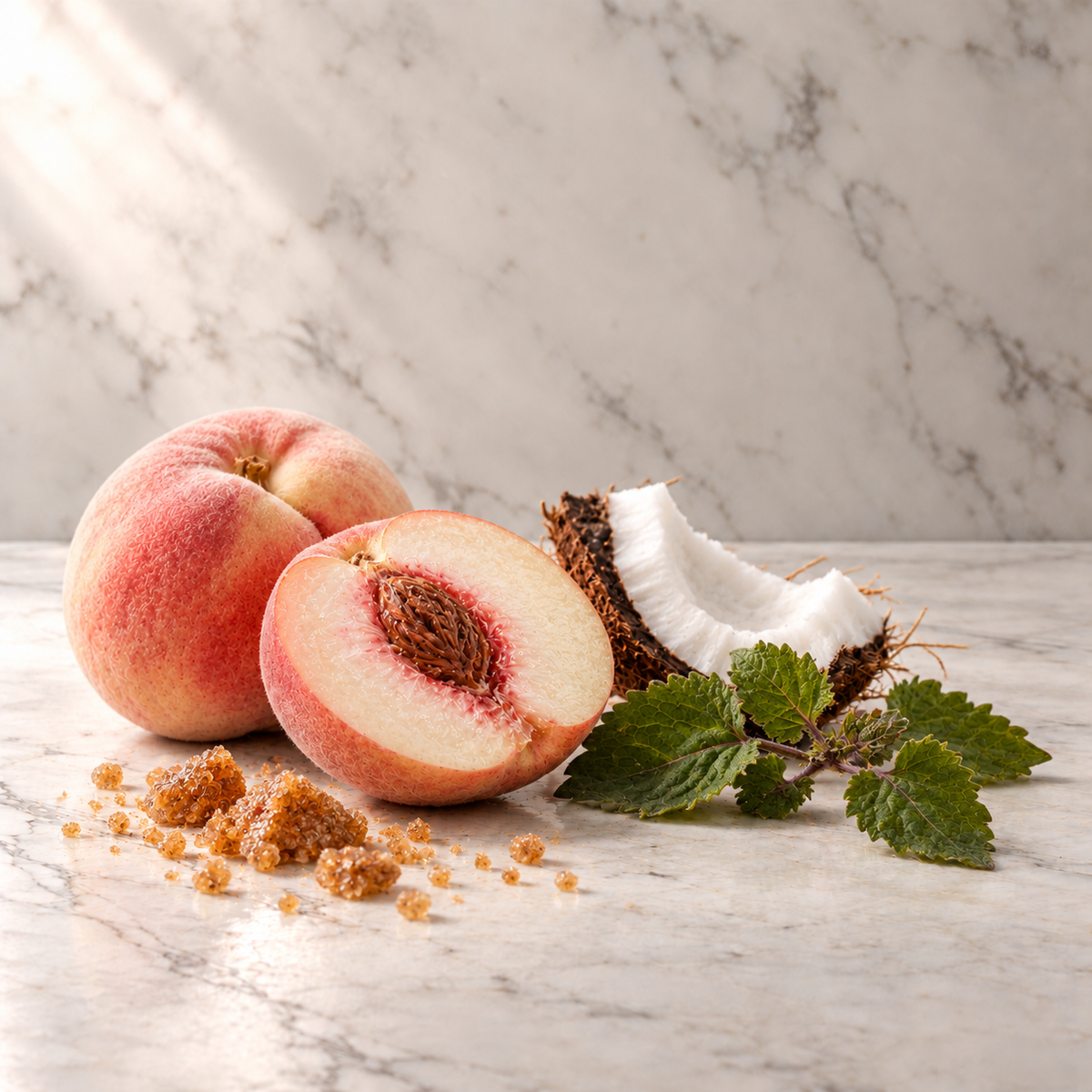 Ausgewählte Duftnoten von THoO BonBon Pop Eau de Parfum: Weisser Pfirsich, Kokos, Brauner Zucker, Patchouli auf hellem Marmor