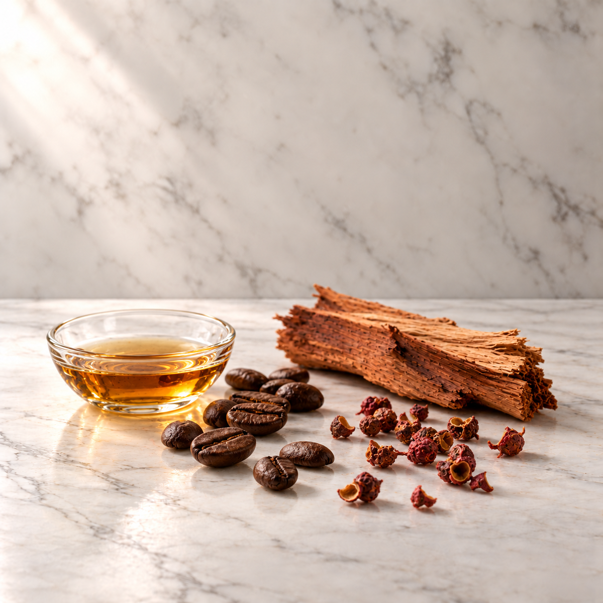 Ausgewählte Duftnoten von THoO Gambling Eau de Parfum: Whiskyakkord, Kaffee, Sichuanpfeffer, Zedernholz auf hellem Marmor