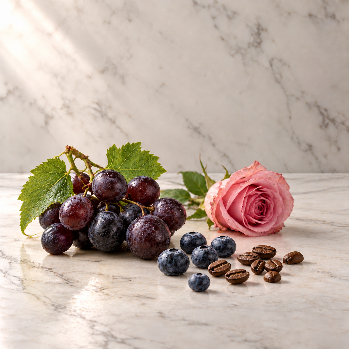 Ausgewählte Duftnoten von THoO Grape Pearls Eau de Parfum: Trauben, Heidelbeere, Kaffee, Rose auf hellem Marmor