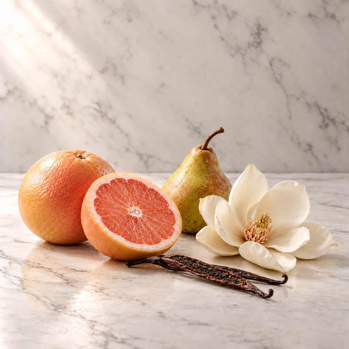 Ausgewählte Duftnoten von THoO Up to the Moon Eau de Parfum: Rosa Grapefruit, Birnenakkord, Magnolie, Vanille auf hellem Marmor