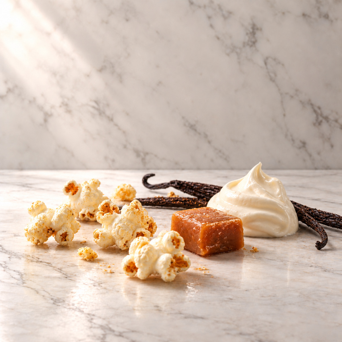 Ausgewählte Duftnoten von THoO What About Pop Eau de Parfum: Popcorn, Karamell, Milchcreme, Vanilleakkord auf hellem Marmor