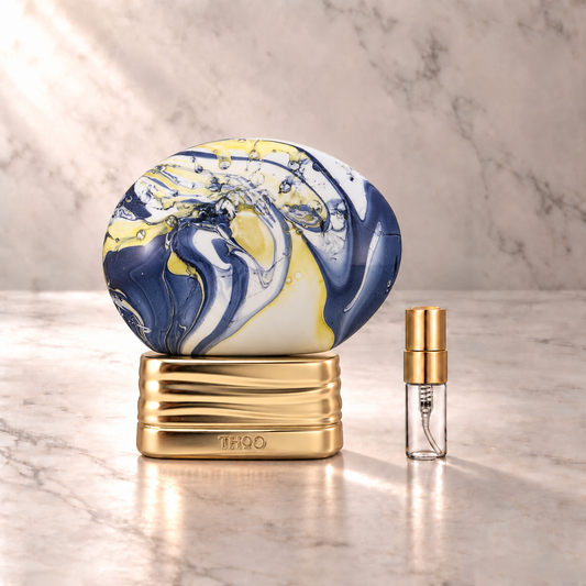 THoO Get the Feeling Eau de Parfum mit 3-ml-Duftprobe aus Glas mit Goldkappe auf hellem Marmor
