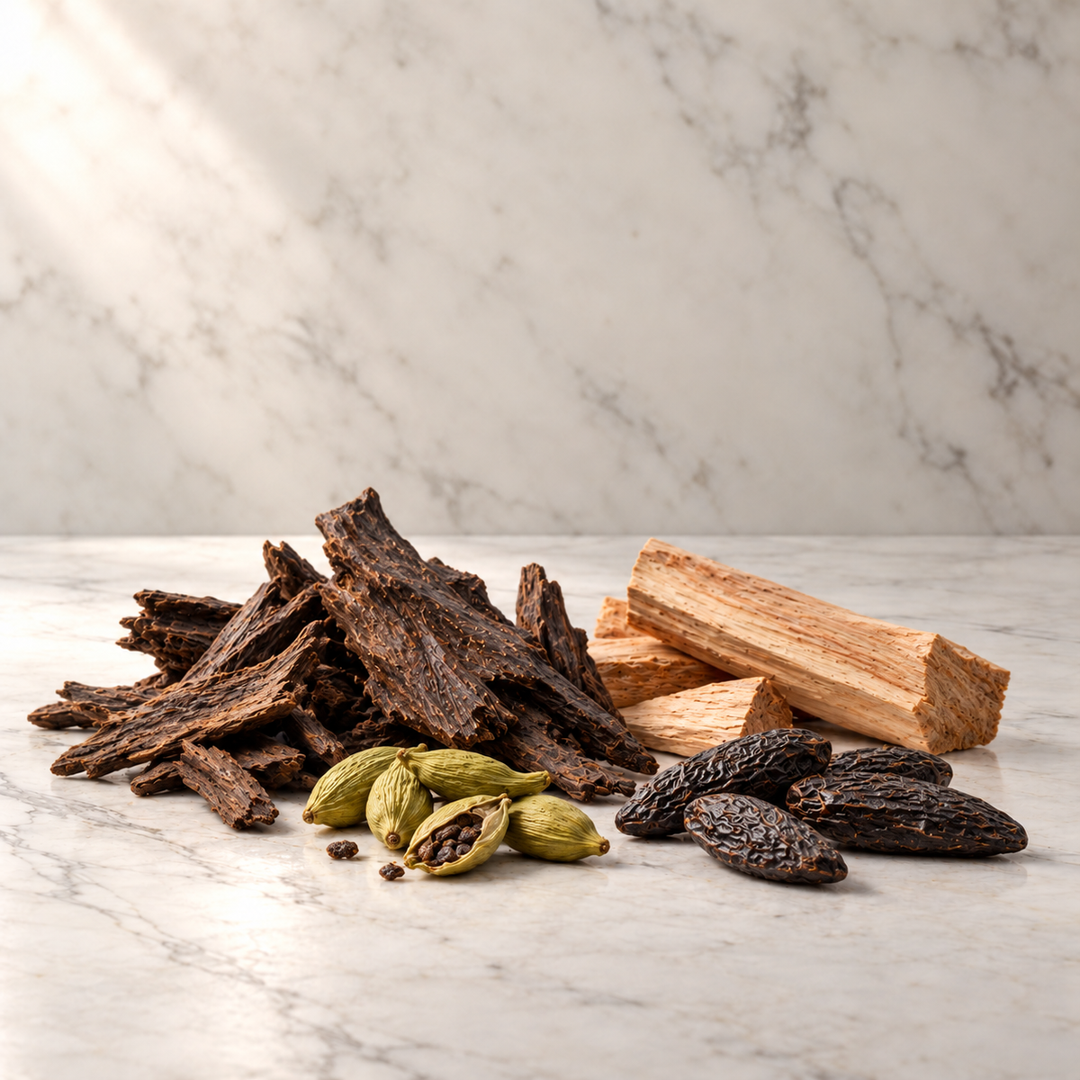 Ausgewählte Duftnoten von Tom Ford Oud Wood: Oud-Holz, Kardamomkapseln, Sandelholz, Tonkabohnen auf hellem Marmor
