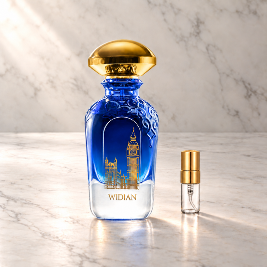 Widian London Parfum mit 3-ml-Glasprobe und Goldkappe auf hellem Marmor